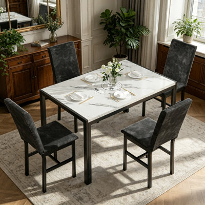 5-Piece Modern Faux Marble Dining Table Set with 4 Upholstered Chairs, Rectangular Kitchen Dining Set with Metal Frame, Small Space Breakfast Furniture