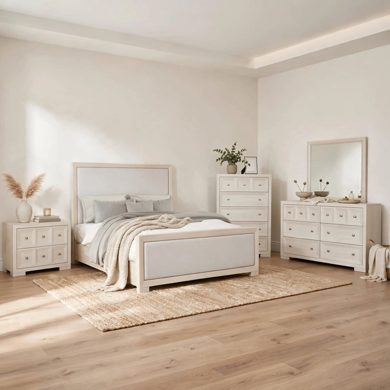 Ensemble de chambre à coucher pour grand lit 5 pièces Kizie, commode, table de chevet XL, brun-gris fauve