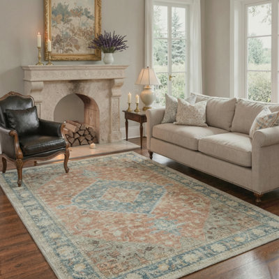Tapis d'intérieur lavable à la machine à motif médaillon / terre cuite rétro Vesper