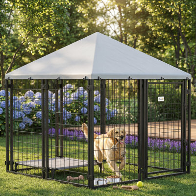 4.6' x 4.6' x 5' Outdoor Dog Kennel, Welded Wire Dog Kennel Outside Run with Waterproof & UV Resistant Cover, for S&M Breeds, Chickens, Ducks, Silver