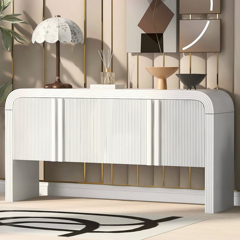 Console de 63 pouces à motif de vagues avec 4 portes et tablette réglable, table de canapé courbée derrière le canapé, table d'entrée rustique étroite pour le salon, le vestibule et le couloir