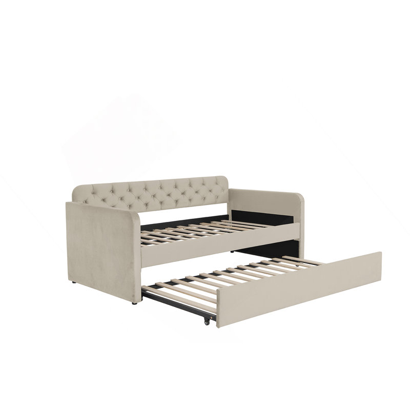 Twin Size Upholstered Daybed With Trundle And USB Charging Design, Velvet Upholstered Daybed Frame