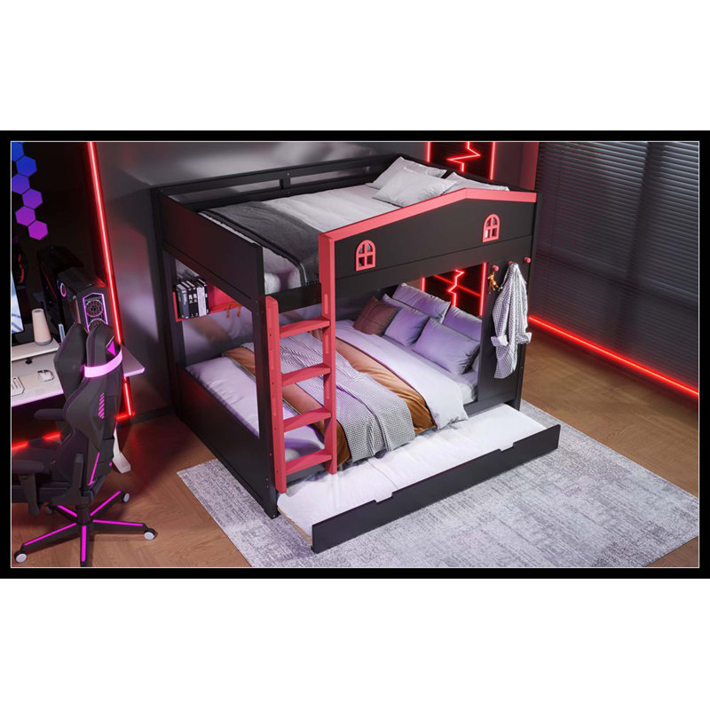 Lit superposé grand sur grand avec lit gigogne et tablettes de rangement, lits superposés en bois massif avec crochets, aucun sommier nécessaire, noir et rouge