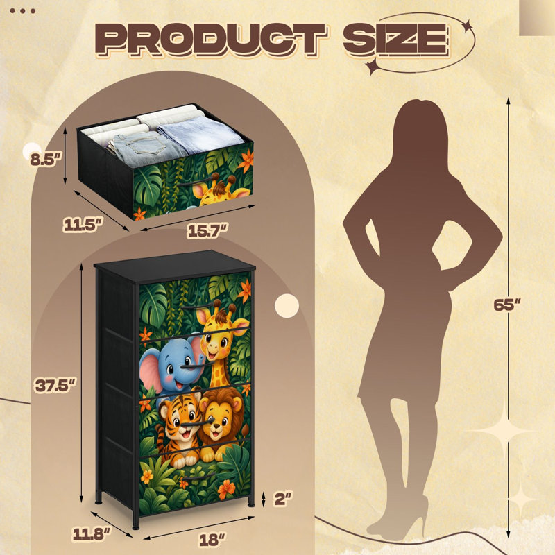 Commode pour chambre à coucher avec 4 tiroirs de rangement Mignon animaux de la jungle Éléphant girafe Tigre Lion Commodes à feuillage tropical