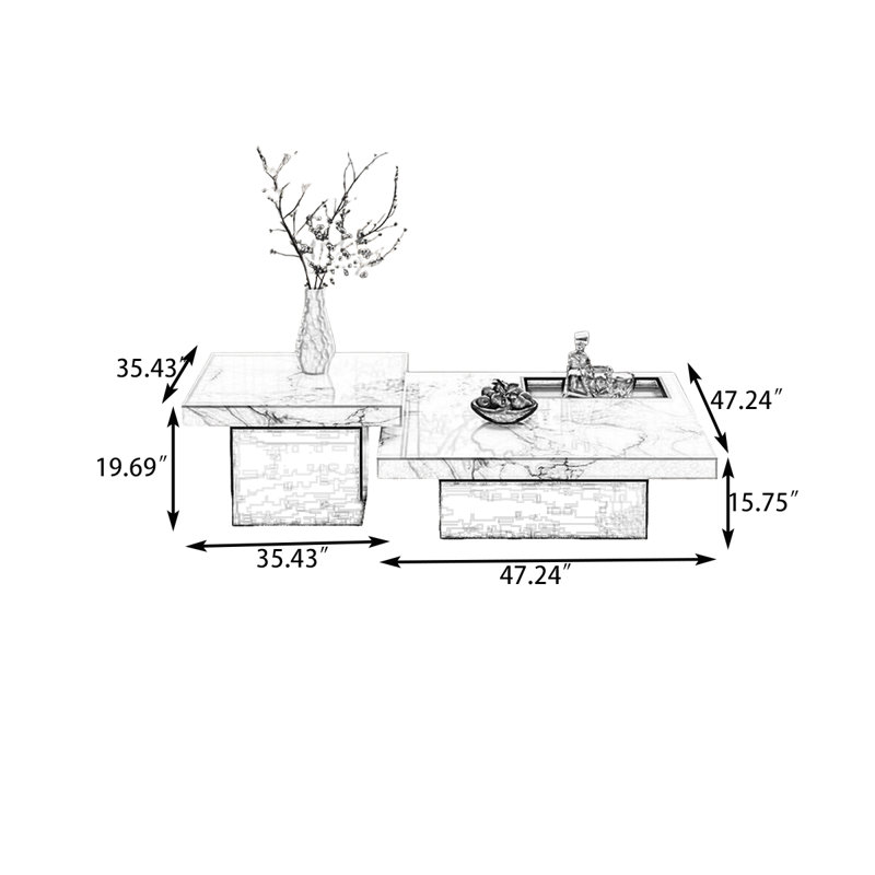Ensemble de tables basses carrées en bois massif gris + pierre + acier au carbone, 19.69" H x 80.71" W x 47.24" D