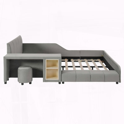 Grand lit pour mère et enfant en velours avec bureau et tabouret