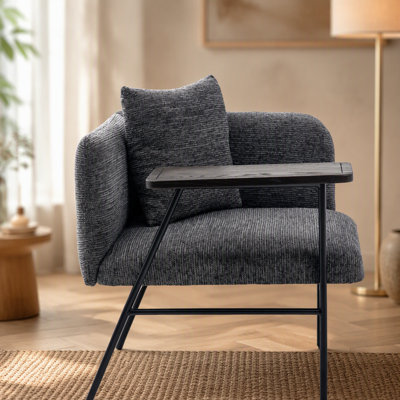 Fauteuil de loisir, fauteuil de détente avec petite table et coussin de dossier, chaises rembourrées modernes avec pieds en métal et poches latérales, canapé simple pour le salon / la chambre / le jardin
