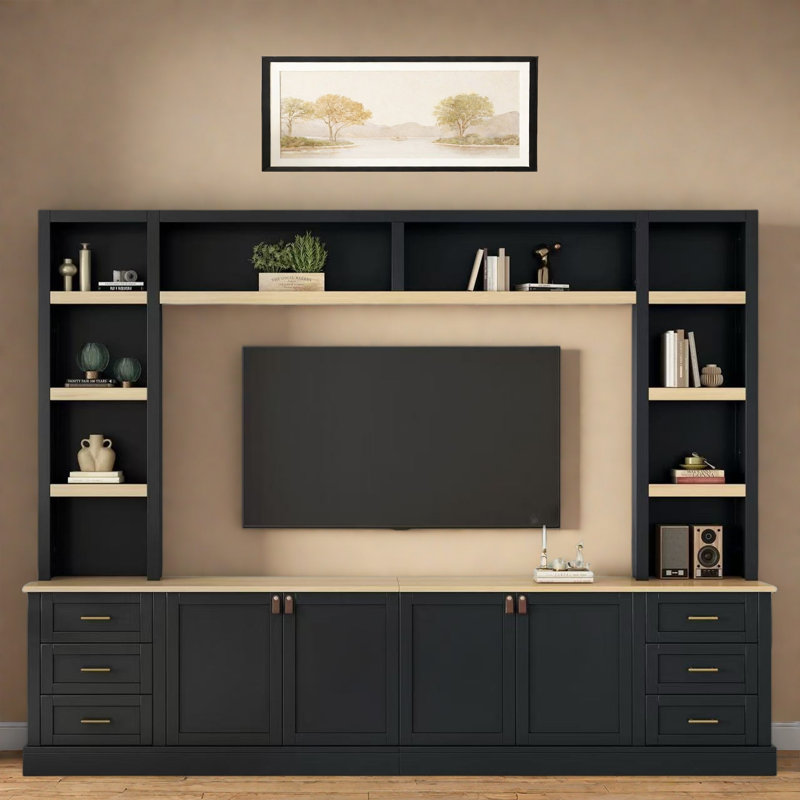 4-piece Entertainment Center Wall Unit Tv Stand With Adjustable Shelves And 6 Drawers, Black
