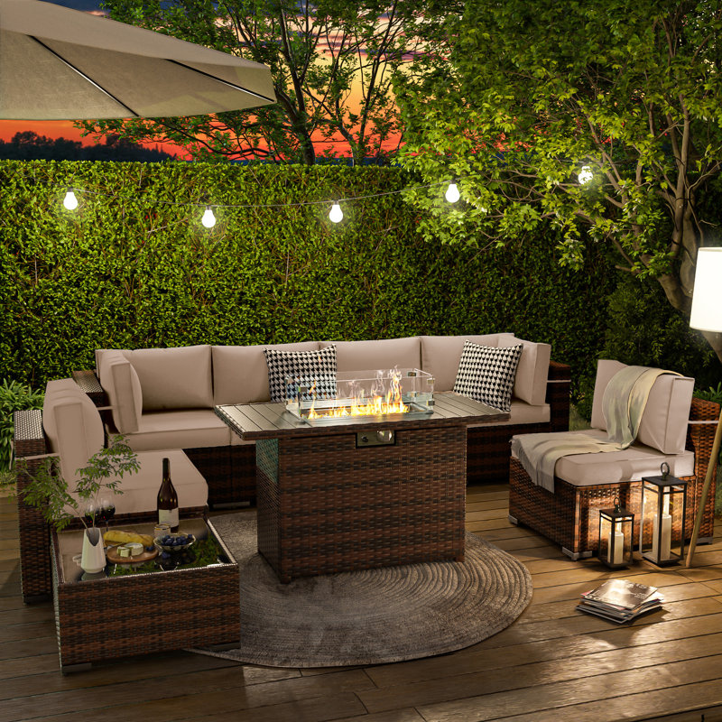 Romanas 8 Piece Patio Conversation Sets With Fire Pit Table, Khaki