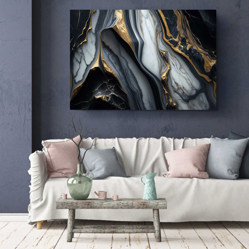 Reproduction d'art sur toile de luxe en marbre blanc noir et or naturel, H 20 po x l 30 po x P 1 po