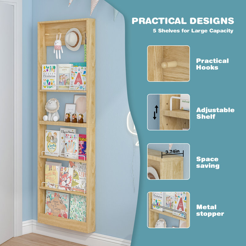 Wall-Mounted Floating Bookcase – 5-Tier Adjustable Shelf with Metal Guards & Hooks, Stackable Modular Design, Natural Wood