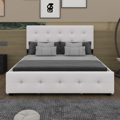 Upholstered Platform Bed With Classic Headboard And 4 Drawers