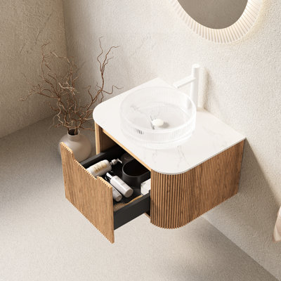 Meuble-lavabo mural de 24 po avec lavabo en cristal, armoire naturelle, facile à entretenir, lavabo de conception moderne, tiroir, grand espace de rangement