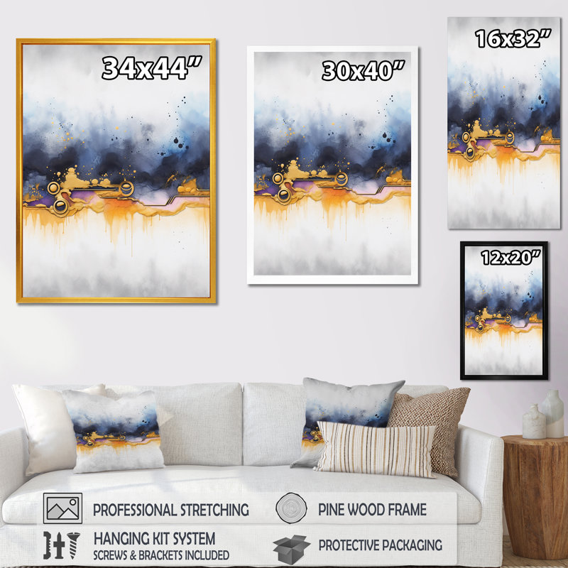 Abstrait bleu et jaune cascade de marbre III - formes abstraites, art mural, Cadre flottant doré, 20" H x 12" W