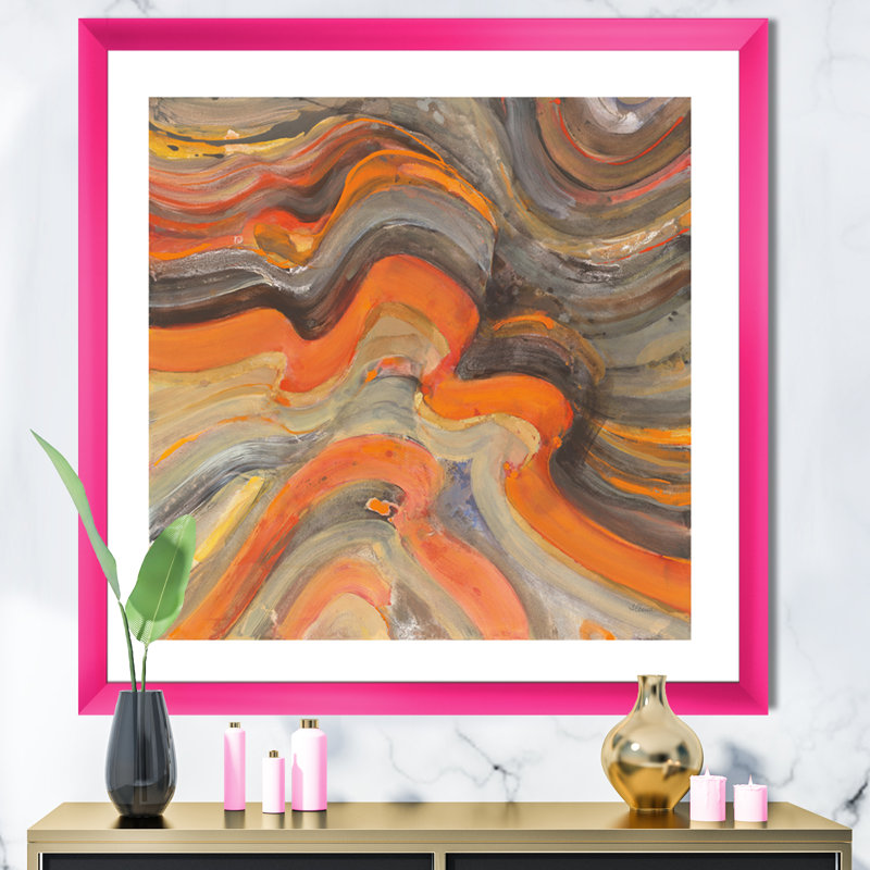 " Abstract Gilded Orange Waves ", Pink Framed, 30" H x 30" W x 1" D