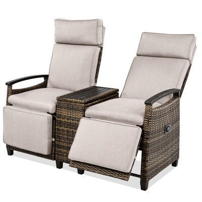 Patio Recliner Loveseat Chair, Adjustable Backrest Wicker Outdoor Lounge Chair Set With Acacia Wood Armrests And Built-In Storage Table For Balcony, Porch, Lawn