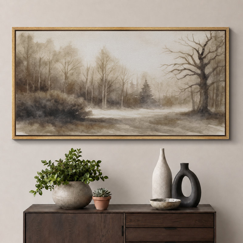 "Neutral Toned Forest Landscape", très grandes photos, impression sur toile encadrée, H 30 po x l 60 po, Naturel