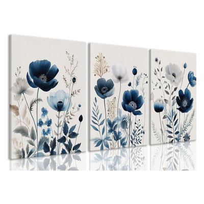 Bleu marine, art mural sur toile bleu et gris, fleur de bohème, décoration murale, aquarelle, impressions sur toile, peinture pour salon, salle de bain, 3 pièces, 16 x 24 po, encadrée