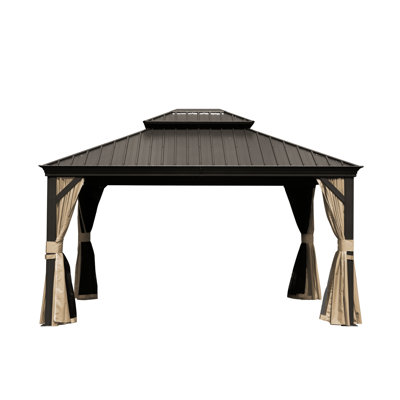 Galvanized Steel Double Roof Gazebo, Privacy Curtains, Water Drainage Design, 120Inch Width, 144Inch Length Gazebo With Reinforced Structure - Withstand Heavy Loads, 120" X 144", For Deck