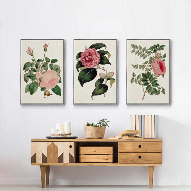 Mélange floral rose I, Encadrement argenté, H 36 po x l 72 po x P 2 po