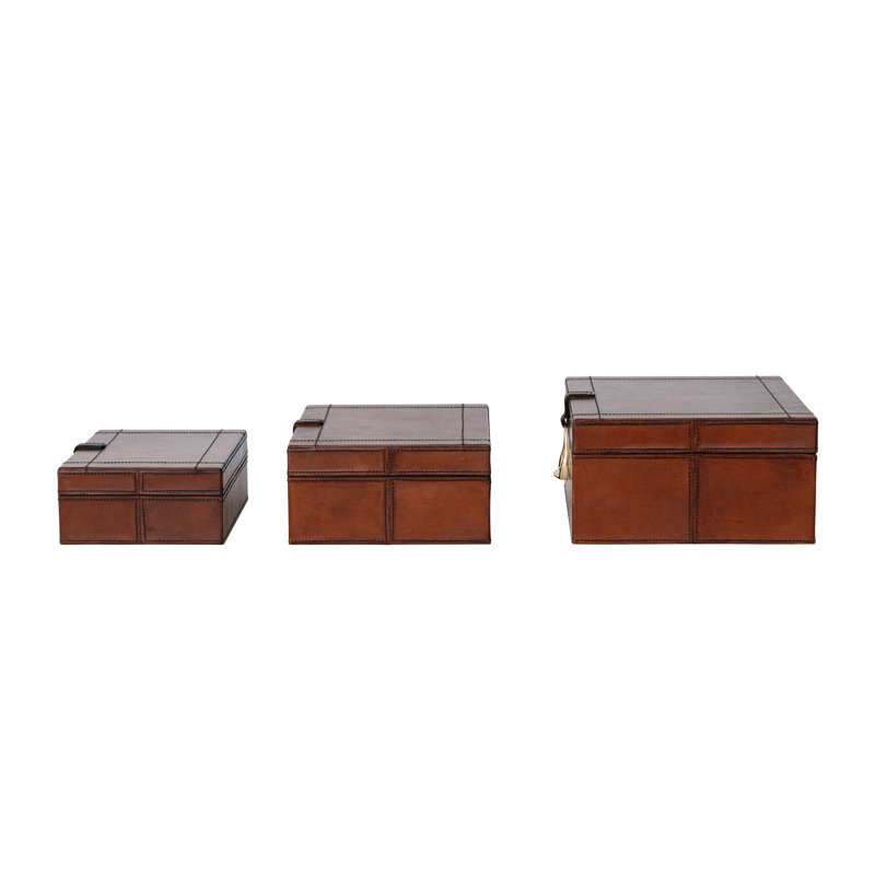 3 boîtes gigognes 3 pièces en bois récupéré et cuir avec fermetures en laiton et intérieur floqué