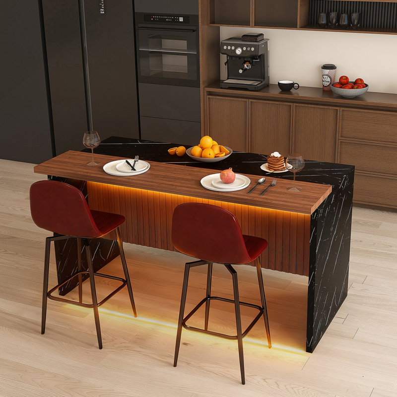 Table moderne avec 2 tabourets de bar, ensemble de table de salle à manger avec éclairage DEL pour la salle à manger, Black