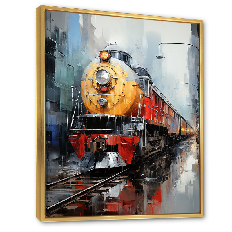 Jaune - train rouge - impression, Cadre flottant doré, H 20 po x l 12 po x P 1 po