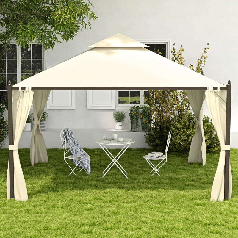 Pavillon de jardin extérieur avec rideaux. 10 pi x 12 pi, structure en acier, toit. Endroit relaxant. Beige pour utilisation en patio. Fabrication, intimité
