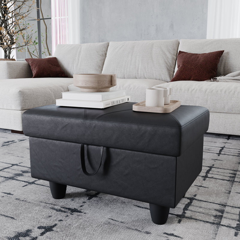 Keevha 28.5''Wide Rectangle Solid Colour Storage Ottoman, Black Faux Leather