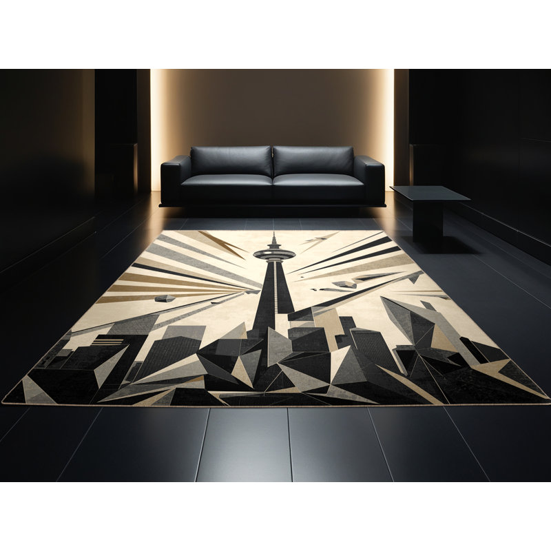 Machine Washable Pandelica Berlin Tv Tower Modern Geometric Rug in Beige – Beige Binding, 3x5