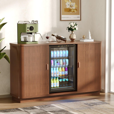 Home Bar Cabinet with Fridge Space, Adjustable Shelves, Removable Wine Rack, and Built-in Charging Station, Ideal for Compact Refrigerators, Wine Cellars, Kitchen or Entertainment Spaces, Walnut