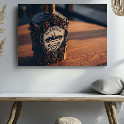 Toile La bouteille de whisky, exemple époustouflant d'artisanat Steampunk, présente un art mural à engrenages complexes et des éléments mécaniques.