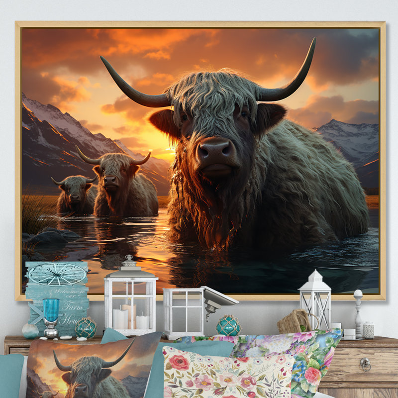 «Expressionist Yaks Horizon» sur toile, Cadre naturel flottant, H 12 po x l 20 po