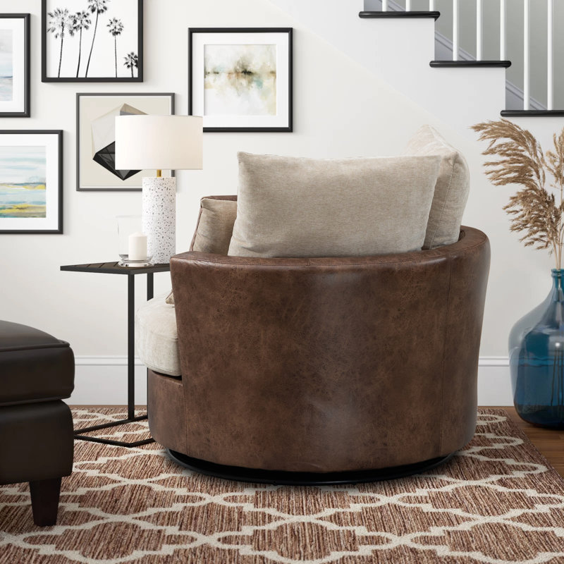 Dahlonega Swivel Barrel Chair, Brown Leathaire/Beige Chenille, 33.6'' H x 40'' W x 35'' D