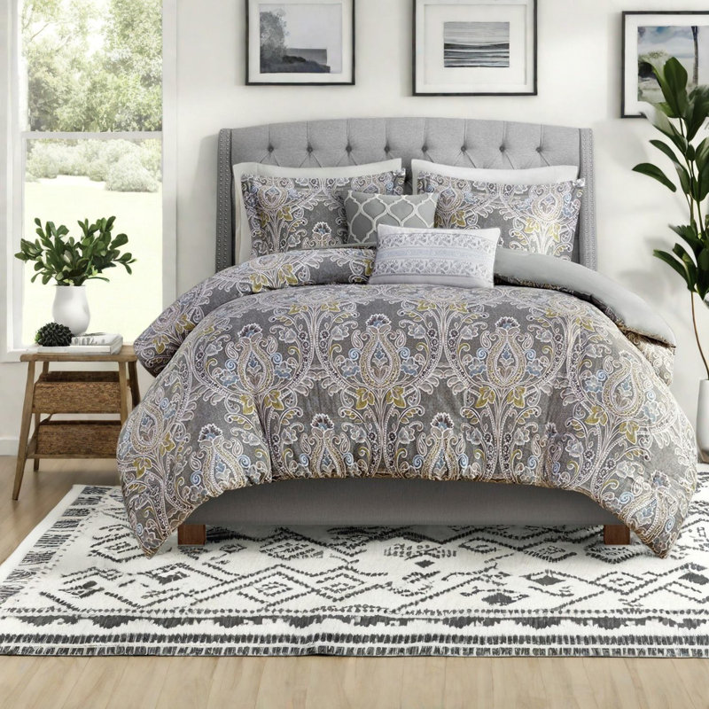 Ensemble de literie en coton avec housse de couette, grand lit double damassé gris