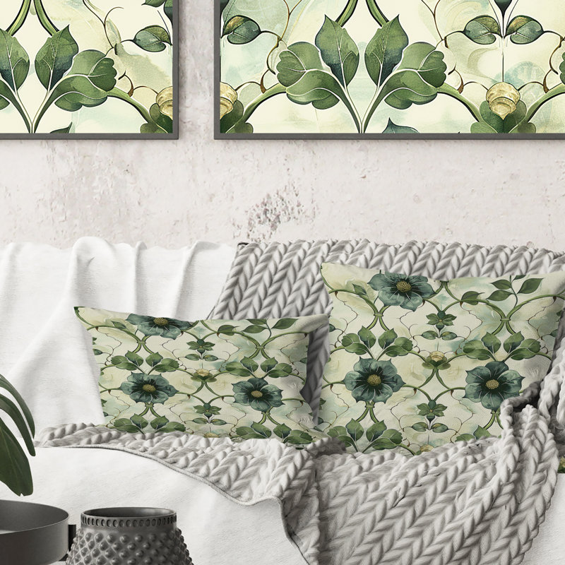 Coussin décoratif à motif floral vert beige et treillis I, H 16 po x l 16 po
