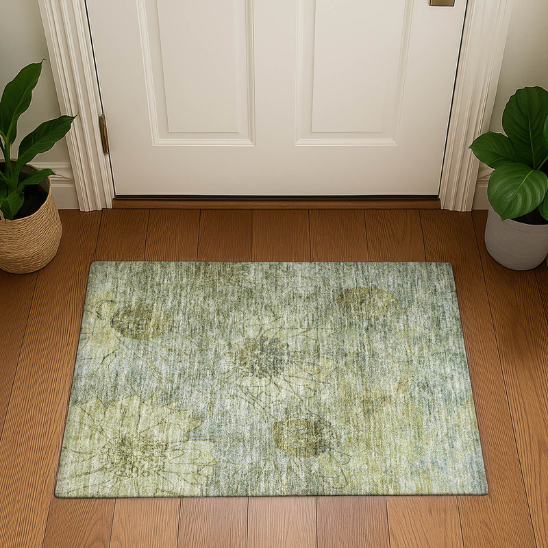 Premium Machine Washable Mayfield AMF2235 Floral Rug, 1'8" x 2'6", Aloe