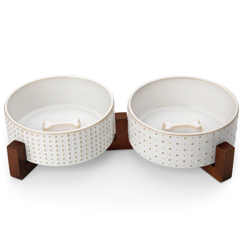 Rhombus & Dot Embossed Pattern Anti-skid Stoneware Elevated Feeder, 1080ml