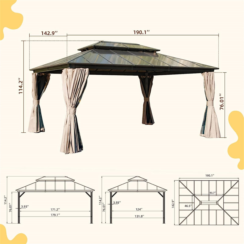 Pavillon de jardin d'extérieur avec rideaux et filet 12 pi x 16 pi Taylor, Brun