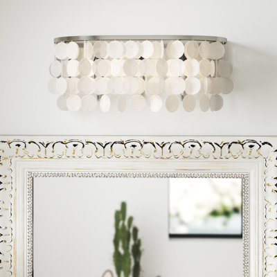 Icarus 3-Light 20.75 inch Wide Satin Nickel Glam Bathroom Vanity Lighting Fixture, Capiz Shell Shade, Dimmable, LED Compatible, Over the Mirror Mounted Steel Wall Sconce, Full Backplate