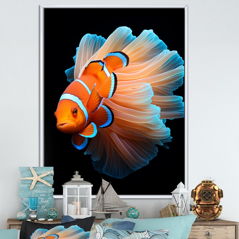 Portrait de poisson clown orange I sur toile, H 32 po x l 24 po x P 1 po, Cadre flottant blanc