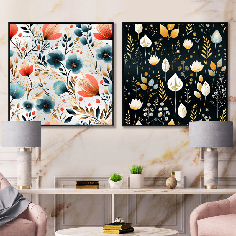 Isaure - Ensemble de 2 collages carrés botaniques abstraits, Cadre flottant noir, H 36 po x l 73 po