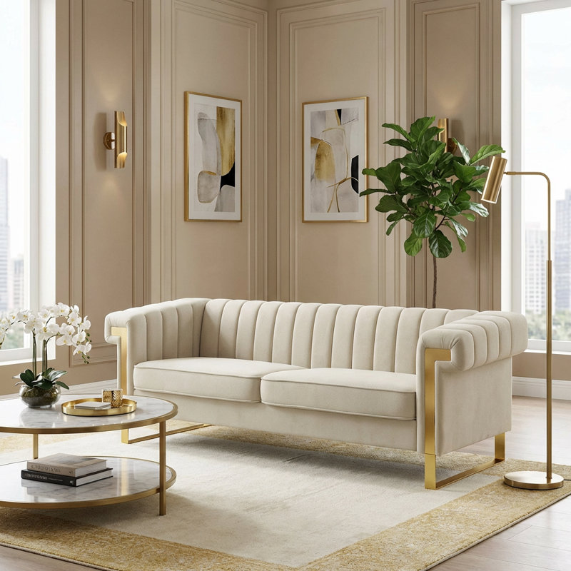 Kevionna 83.86'' Velvet Sofa, Beige Velvet