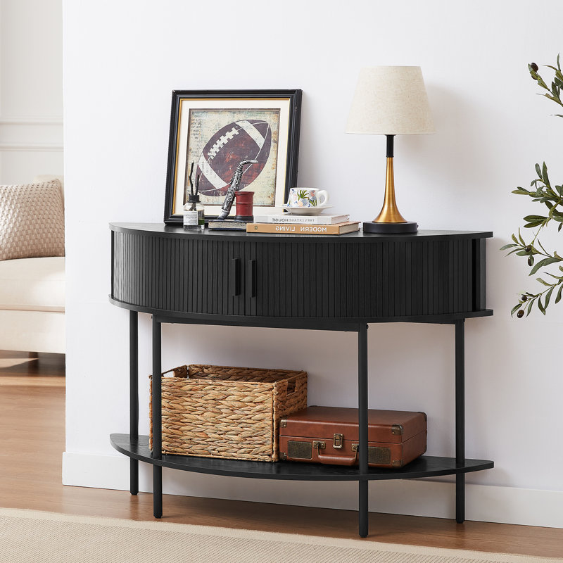 46.4" Farmhouse Half Moon Console Table With Fluted Sliding Doors and a Tambour Storage Cabine, Matte Black
