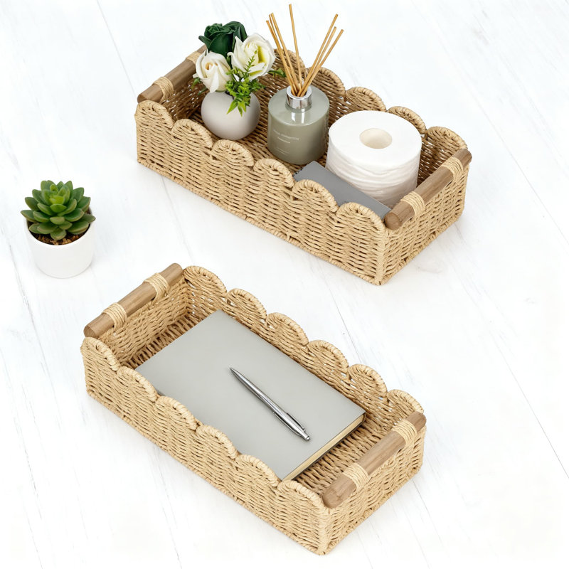 Scalloped Woven Storage Baskets, 2-Pack Handcrafted Paper Rope Decorative Baskets For Bathroom Over Toilet, Living Room, Bedroom Organization And Home Decor