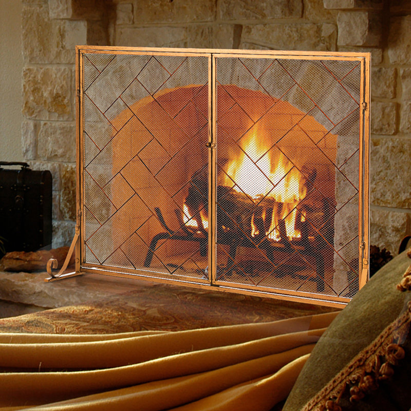 2 Panel Iron Fireplace Screen, Gold