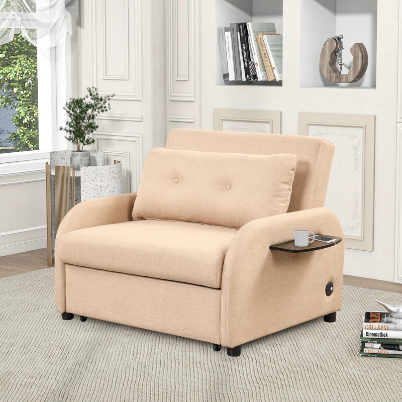 Pull out sofa bed 3 in 1 with 2 wing tables and USB charging, Beige Linen