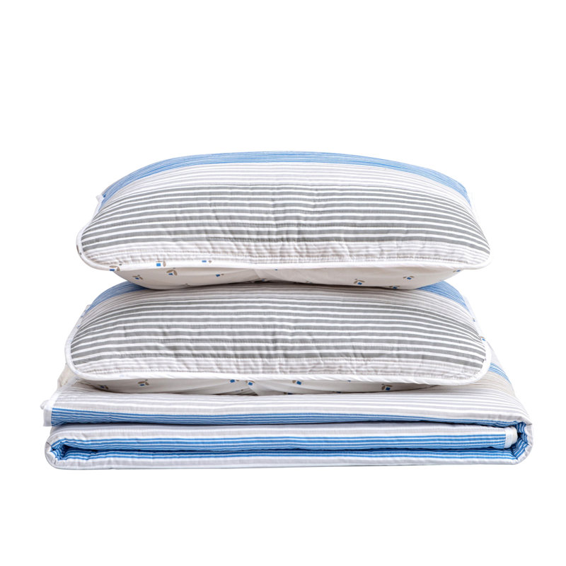 Blue and Taupe Striped Reversible Twin Microfiber Quilt Set