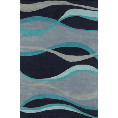 Ailey Authentic Hand-Tufted Handmade Blue, Navy, Gray & Silver Abstract Wave Wool Area Rug
