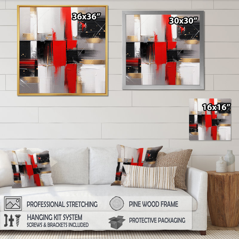 «Red and Gold Cubic Abstract I», reproduction sur toile, H 24 po x l 24 po x P 1 po, Cadre flottant noir